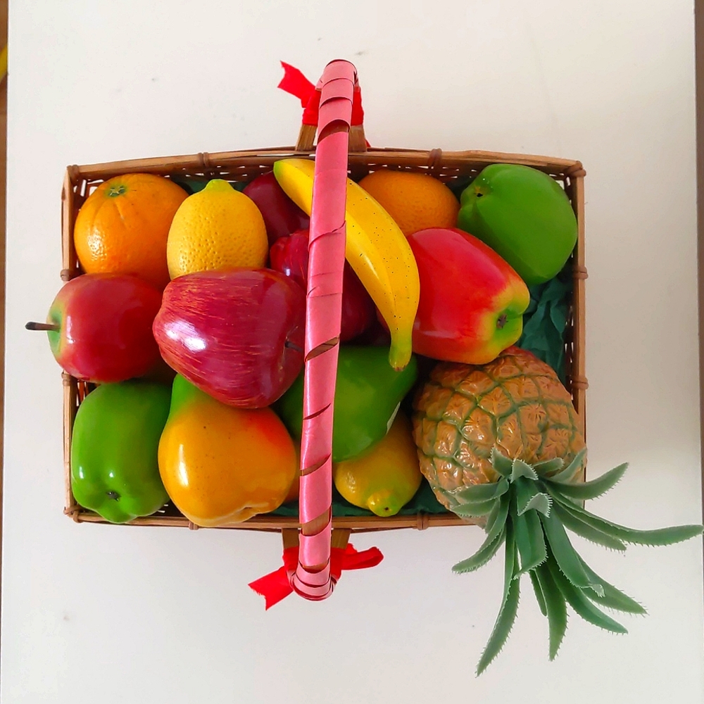 Artificial Multicolor Real Size Fruits 19 pcs with Bamboo Basket.